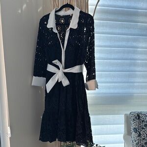 Elegant Navy Blue and White Long Sleeve Cocktail Dress with Peter Pan Collar